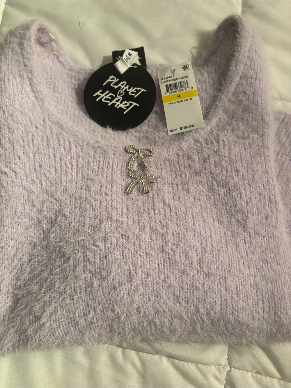 Lavender Faux-Fur Crewneck Sweater with Bow Accent